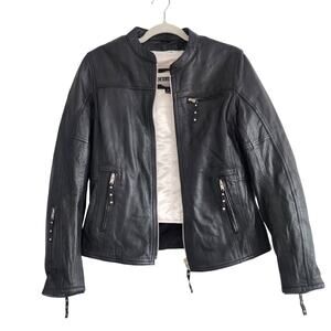 Derringer Black Genuine Leather Moto Jacket Zip Up Silver Hardware Size Medium